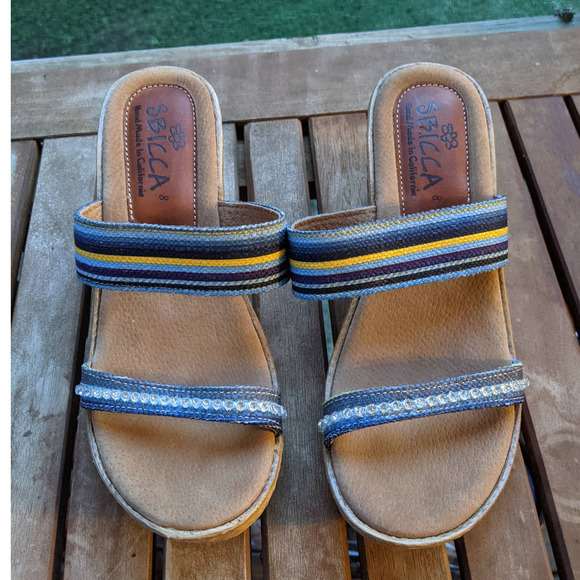 Sbicca Espadrilles wedge sandals Canyon Blue Striped Slide rhinestone * size 8 * - Picture 3 of 6